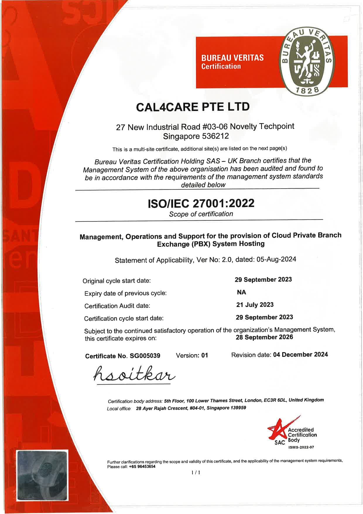 Cal4Care Pte Ltd — ใบรับรอง ISO/IEC 27001:2022 ออกโดย Bureau Veritas